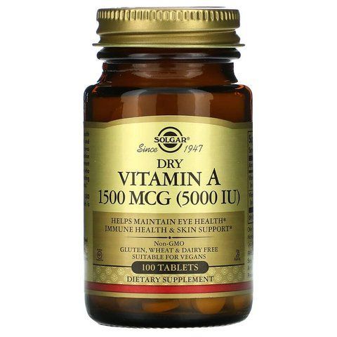 Вітамін А, Dry Vitamin A, Solgar 1500 мкг (5000 МО), 100 таблеток SOL-02820 фото