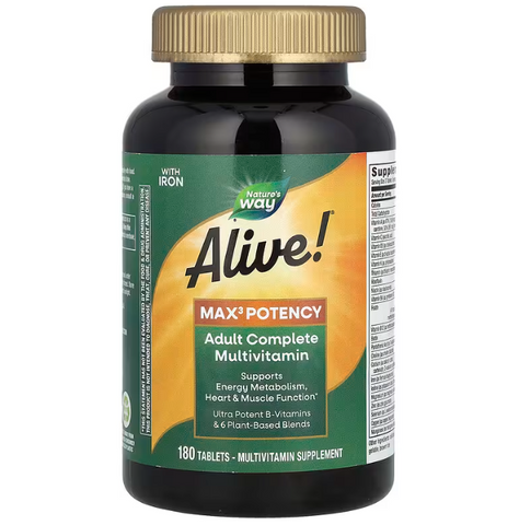 Мультивітаміни із залізом, Adult Complete Multivitamin, Natures Way, Alive! для дорослих, 3 таблетки на день, 180 таблеток NWY-14928 фото