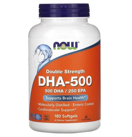 Докозагексаєнова кислота (ДГК), DHA-500, Now Foods, подвійна сила, 180 гелевих капсул NOW-01613 фото