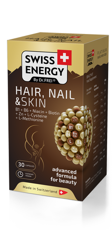 Здоров'я шкіри, волосся та нігтів, HAIR, NAIL & SKIN B1+B6+Niacin+Biotin+Zn+L-Cys+L-Met, Swiss Energy, 30 капсул SWE-32427 фото