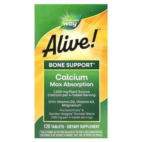Кальцій, D3, К2 та магній, Alive! Calcium, Max Absorption, Nature's Way, Alive!, зміцнення кісток, максимальне засвоєння, 120 вегетаріанських пігулок NWY-15839 фото