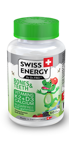 Здоров'я кісток та зубів, для дітей від 3 років, BONES & TEETH Vitamins K2, D3, Calcium, Swiss Energy, без цукру, 60 жувальних цукерок SWE-32451 фото