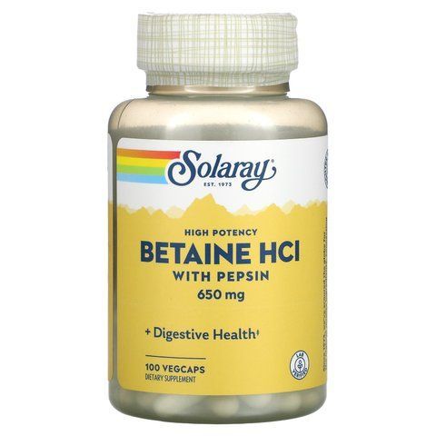 Бетаїн HCl + пепсин, Betaine HCL with Pepsin, Solaray, високоефективний, 650 мг, 100 вегетаріанських капсул SOR-04814 фото