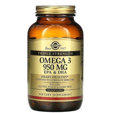 Омега-3, риб'ячий жир, Omega-3, EPA & DHA, Solgar, потрійна сила, 950 мг, 100 гелевих капсул SOL-02058 фото