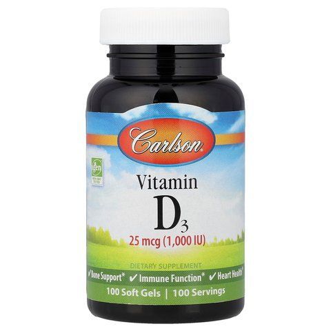 Вітамін D3, Vitamin D3, Carlson, 25 мкг (1000 МО), 100 гелевих капсул CAR-01451 фото