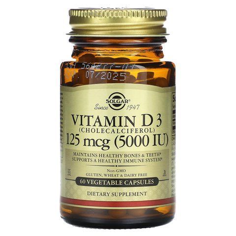 Вітамін D3 (холекальциферол), Vitamin D3, Solgar, 125 мкг (5000 МО), 60 вегетаріанських капсул SOL-03312 фото