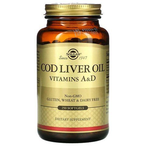 Вітамін А і D з олії печінки тріски, Cod Liver Oil, Vitamins A & D, Solgar, 250 гелевих капсул SOL-00941 фото