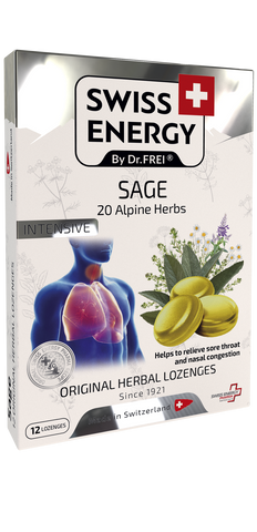 Льодяники від застуди, Herbal Lozenges Blister 20 herbs + Sage, Swiss Energy, від кашлю, болю в горлі та закладеності носа, 20 альпійських трав і шавлії, 12 трав'яних льодяників SWE-32677 фото