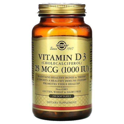 Вітамін D3 (холекальциферол), Vitamin D3, Solgar, 25 мкг (1000 МО), 250 гелевих капсул SOL-03341 фото