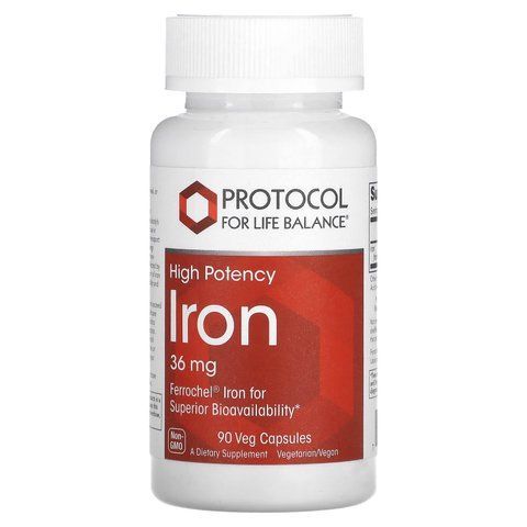 Залізо, Iron, Protocol for Life Balance, висока ефективність, 36 мг, 90 веганських капсул PRT-11444 фото
