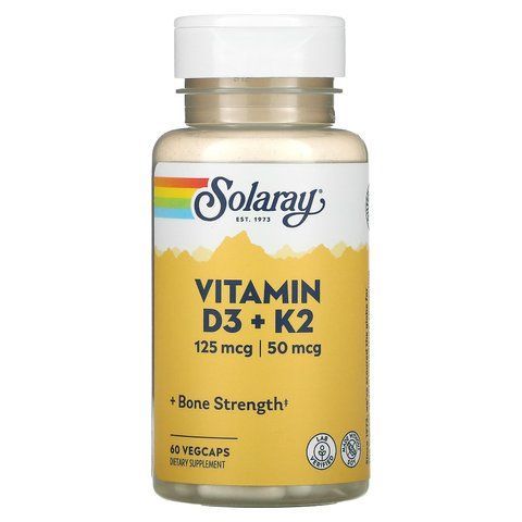 Вітамін D3 і К2, Vitamin D-3 & K-2, Solaray, без сої, 60 рослинних капсул SOR-38584 фото